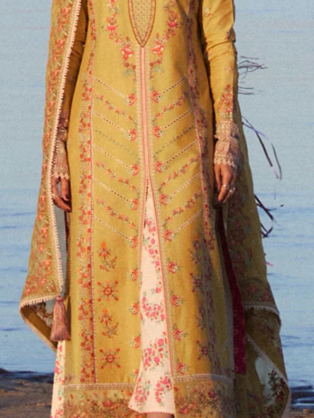 Embroidered Yellow Maxi Dress with Pink Floral Insets